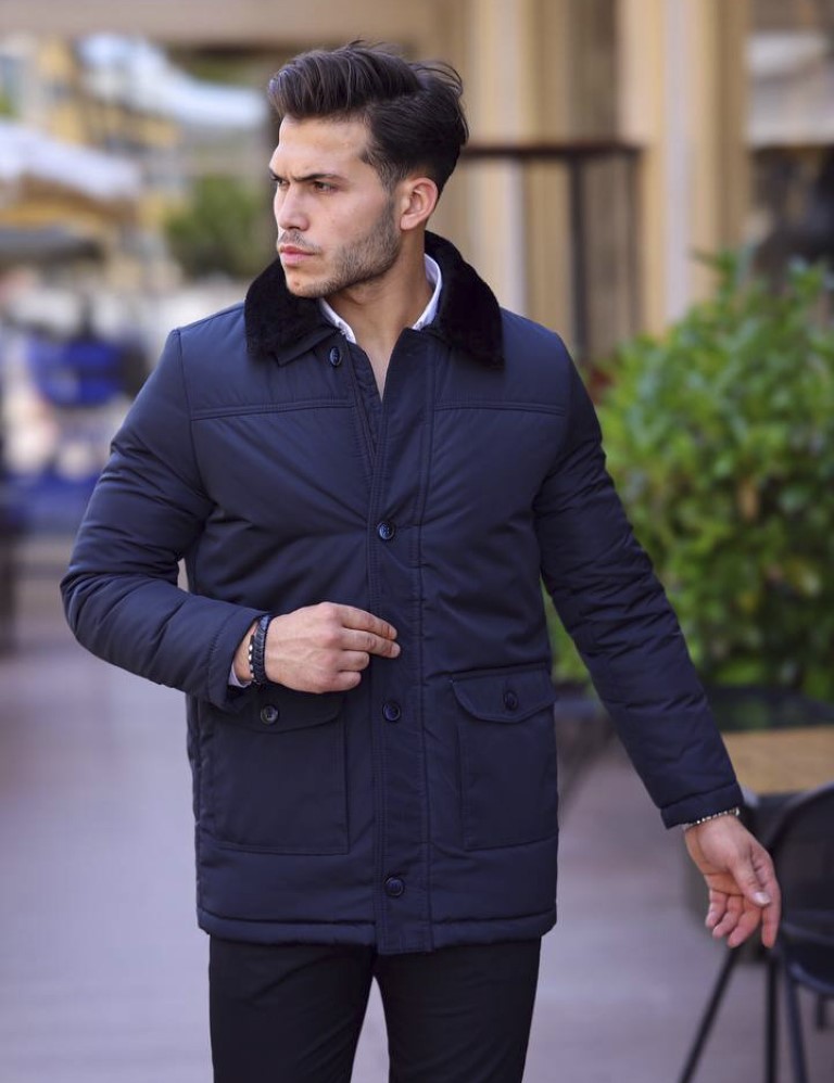 Ανδρικό μπλε μπουφάν με αποσπώμενο γιακά και κουμπιά 777B φωτογραφία